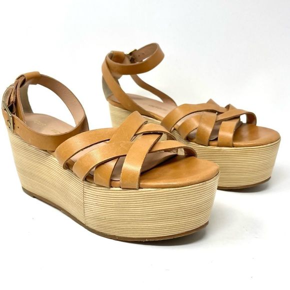 POUR La Victoire Noletta Tan Saddle Leather Flatform Sandals Size 8 - Picture 1 of 8